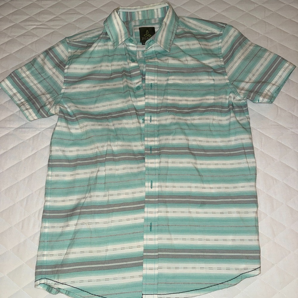 prAna Short Sleeve Button Front Shirt Green Striped Men's Small Organic Cotton